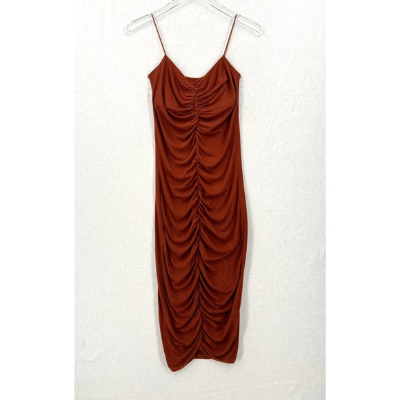ENZA COSTA Dress Womens Large Umber Stretch Silk Knit Ruched Strappy Midi NEW - Picture 4 of 16